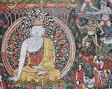 A painting of a Buddha, with several smaller figures to the right. One of the figures in the center right is holding a green-brown sphere that is on fire, believed to be a representation of a grenade. Another figure, this one in the upper right, holds a fire lance, a silver cylinder with fire coming out of one end and either a rope or a wooden stick coming out of the other.