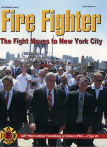UFA President Steve Cassidy leads thousands of firefighters across Brooklyn Bridge, featured on the cover of Fire Fighter magazine
