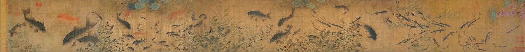 A hand scroll showing carp and other types of fish swimming