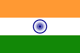Horizontal tricolor flag bearing, from top to bottom, deep saffron, white, and green horizontal bands. In the centre of the white band is a navy-blue wheel with 24 spokes.