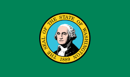 Green flag with the circular Seal of Washington centered on it.