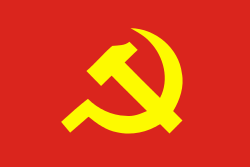 a red flag; at the center of it there is a hammer and a sickle, a communist symbol