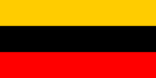 flag of three even colored horizontal stripes, in yellow, black and red.