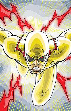 Comic drawing of a man in a yellow body suit