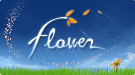 A trail of red, yellow and white petals arc over a brown-and-green grassy hill. The sun is in the upper left of the image, set in a clear blue sky, and the word "flower" is overlaid across the image, with the top of the "f" sprouting orange petals as if it were a flower itself.