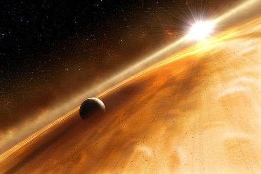 A gas giant exoplanet orbiting within a sea of golden-yellow colors, which is an asteroid belt in the Fomalhaut star system.