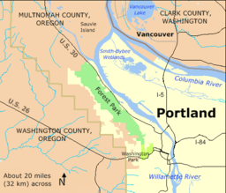 Forest Park runs parallel to the Willamette River and U.S. Route 30 from near downtown Portland northwest to near Sauvie Island. It is much longer than wide.
