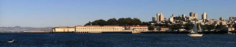 A panoramic image facing southeast toward the Fort Mason Center, taken from a position near water level.