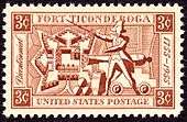 A stamp, red ink on white background. The corners are labeled "3c" in reverse. A banner across the top reads "Fort Ticonderoga", one across the bottom reads "United States Postage". A banner down the left side reads "Bicentennial" in italic script, and one on the right reads "1755-1955". Imagery in the center of the stamp includes a diagram of the fort's layout, a colonial soldier brandishing a sword, and a cannon and cannonballs.