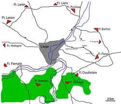 A diagram showing a city, surrounded by a ring of 12 fortresses, represented by red triangles. They are spaced out beyond the city, which is a gray area in the center. A river flows through the center, diagrammed in blue.