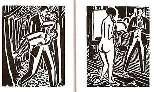 Two pages from a woodcut novel by Frans Masereel
