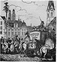 A population celebrates while soldiers escort a secured wagon of material through the city. A pair of twin spires tower above the city, indicating the city is Zurich, Switzerland.