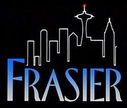 The title caption has the similar "FRASIER" logo, black background, and line drawing of Downtown Seattle. Each episode has a different animated gag. The above gag from the pilot episode, "The Good Son", has a lit antenna spire at the observation tower, Space Needle, one of Seattle's landmarks.