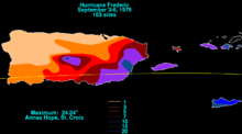 Contoured map showing rainfall totals in increments of two inches (50 millimeters).