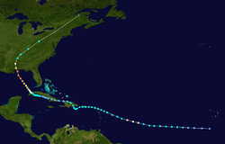Map showing the path of a storm as represented by colored dots connected by a white line; the position of the dots indicates the storm's position at six-hour intervals, while color denotes the storm's intensity at that point.