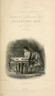 Title page with an illustration of a man writing at a desk. There are filled bookcases and a curtain in the background.