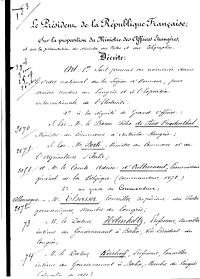French Presidential Decree -Award of Legion of Honour to Helholtz, Bell and Edison -10 November 1881 Pg. 1.jpg