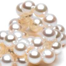 A string of white pearls arranged in a twisted pile on a white background.