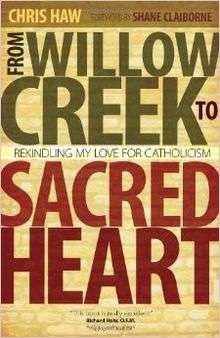 An upright rectangle with sans-serif text reading "WILLOW CREEK" in large green letters, "SACRED HEART" in large red letters, and "CHRIS HAW" in smaller yellow letters