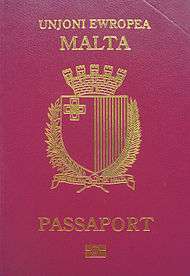 Cover of a Maltese biometric passport.  Cover is burgundy colour with a gold-coloured coat of arms.  Text reads "UNJONI EWROPEA"  and "MALTA" above the crest, with "PASSAPORT" below