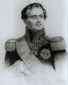 Print of hatless man in military uniform with epaulettes, a decoration, and a sash, with his right hand tucked inside his coat