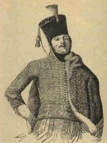 Sepia toned sketch of a man in a moustache dressed in a hussar uniform with a shako on his head. His right hand is on his hip and his head thrown back, giving him a jaunty look.