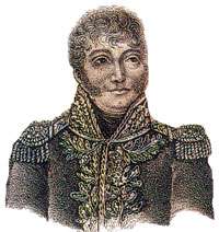 Print shows a man with large eyes, curly hair and long sideburns. He wears an early 19th century high-collared military uniform with lots of gold braid and epaulettes.