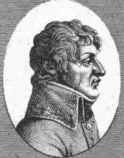 Black and white print of a wavy-haired man in profile. He wears a 1790s-style military coat with a large collar.