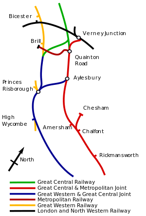 A map shows the joint Great Western route parallel to the Met's Route. A joint railway links the two at Aylesbury; a Great Central Railway links the two before Brill.