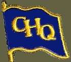 A waving blue flag with a yellow border, and the letters "GHQ" in yellow.