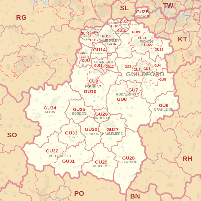 GU postcode area map, showing postcode districts, post towns and neighbouring postcode areas.