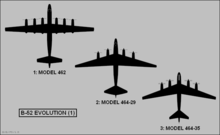 Early proposals of the B-52 planform shapes. The first of the three are of straight wing with six turboprops. The other two involve wings with varying degrees of swept.