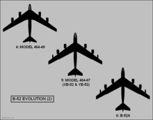 Three early proposals of the B-52's planform shapes. Largely similar, except for slight differences in fuselage and placement of fuel tanks.
