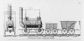 1826 US engraving of "the rear and side view of George Stephenson's steam locomotive and railroad cars of the Stockton and Darlington Railway". The drive chain linking the two axles of the locomotive may be seen, as can the short vertical pipes above each wheel, containing the steam springs.