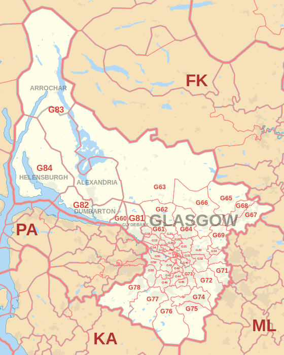 G postcode area map, showing postcode districts, post towns and neighbouring postcode areas.