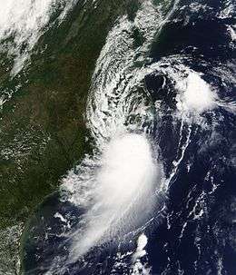 Satellite image of tropical storm near North Carolina.