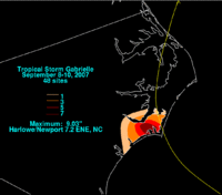 Map of rainfall totals from Gabrielle. The map is focused on North Carolina.