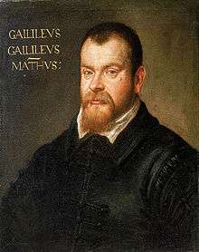 A portrait of the head and upper body of a middle-aged man with a receding hairline and brown beard. He is wearing a black, Italian Renaissance outfit. The text "GAILILEVS GAILILEVS – MATHVS:" is painted to the left of the man's head.