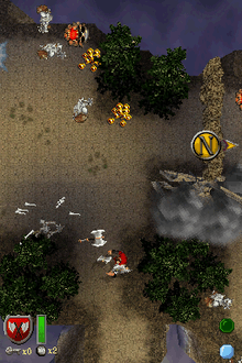 A player, displayed on the lower screen, faces a horde of skeletons approaching from the top screen.