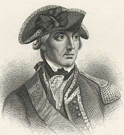 Black and white print of Sir William Howe in military uniform and three-cornered hat