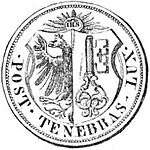 Obverse of coin. "IHS" surrounded by rays, above the coat of arms of Geneva.