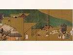 Landscape with people in court attire with an ox-drawn cart, another cart, a fence, a building and hills.