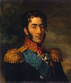 Portrait of a curly-headed Pyotr Bagration with long sideburns in a military uniform