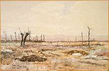 a watercolours landscape painting in earth tones showing shell holes with a couple of tress without leaves.