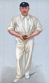 Caricature of a cricketer holding a ball