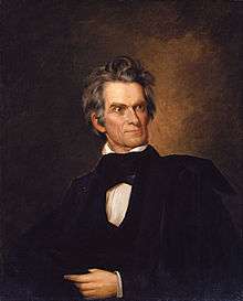 Oil on canvas painting of John C. Calhoun, perhaps in his fifties, white shirt, black robe, full head of graying hair