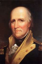Painting of the head and shoulders of an older, gray-haired, balding man in a colonial-era military uniform (blue jacket with white lapels and gold epaullettes)