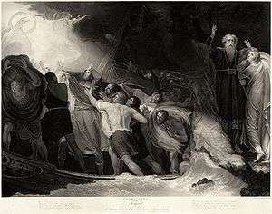 At right, a man stands in a long robe with his arms upraised. A woman clings to him. At left, a crew of men attempt to save a ship from a storm.
