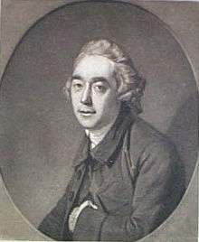Black and White print. Half-length portrait of a Steevens. He has a long oval face, wears a small wig and has his left hand inside his jacket.
