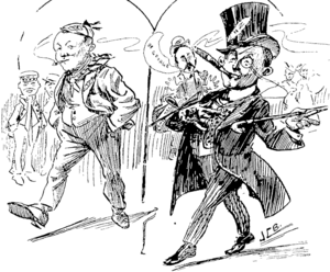 A cartoon of two side-by-side figures, one in casual clothes, the other dressed in fancy clothes, including top-hat, walking more upright.